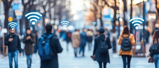 Obraz premium bustling city street filled with pedestrians, some engaged with their smartphones, while digital Wi Fi symbols hover above them, symbolizing connectivity and modern technology. scene captures