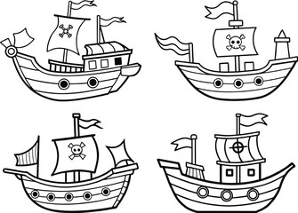 Pirate ship vector illustration with nautical elements and vintage design coloring page
