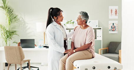 Consultation, diagnosis and doctor with mature woman at hospital or clinic for healthcare....