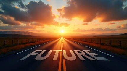 Straight road to the future at sunset