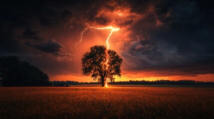 Dramatic lightning strike on lone tree amidst dramatic sunset storm