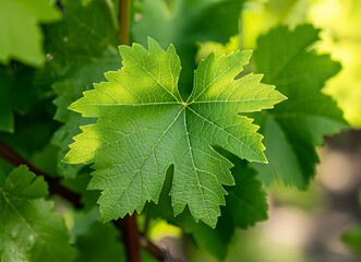 Close-up of a green grape leaf with visible veins, macro photography, detailed texture and structure, stock photo, high resolution, high quality, high detail, cinematic, sharp focus, sharp details.