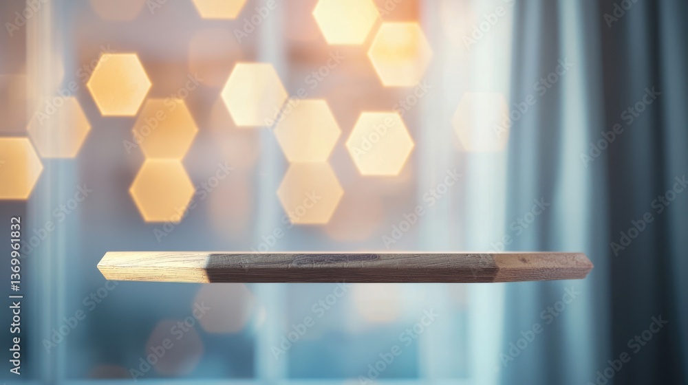 Poster blurred bokeh background with a floating hexagon shelf in the foreground.