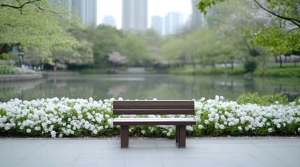 Obraz premium Empty park bench by a tranquil lake, surrounded by flowering plants and lush greenery, with modern city skyline in the background