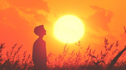 Obraz premium Silhouette of a person gazing at sunrise with nature's serene beauty unfolds