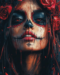 Artistic Beauty with Day of the Dead Makeup and Floral Decor