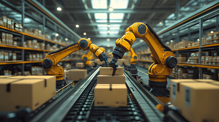 Automated Warehouse with Robotic Arms Handling Packages on a Conveyor System