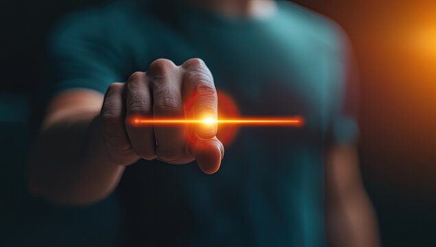 Hand interacting with a glowing laser line.  A person's finger is pointing at a glowing, orange laser line that extends horizontally across the image. 