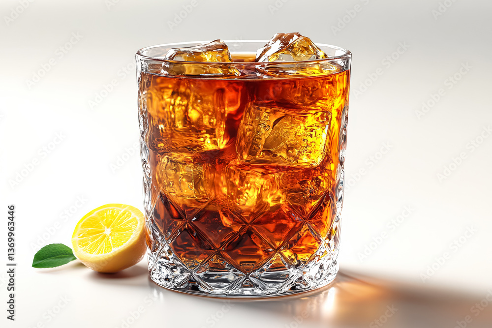 Poster glass of tea with ice cubes and a lemon slice on the side. scene is relaxed and refreshing