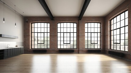 Fototapeta premium Spacious Loft Apartment with Exposed Brick Walls and Large Windows