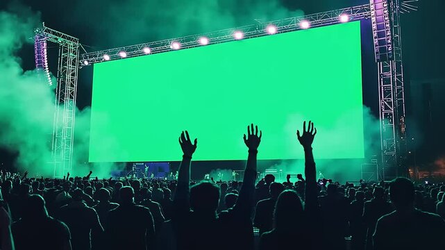 Large crowd enjoying an outdoor concert at night with a vibrant green screen backdrop