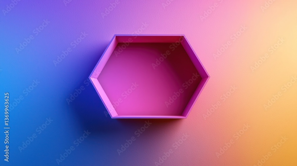 Poster brightly colored hexagonal shelf against a vibrant gradient background.