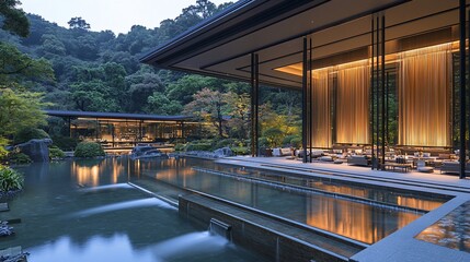 Modern hotel lounge, tranquil garden, evening, Kyoto