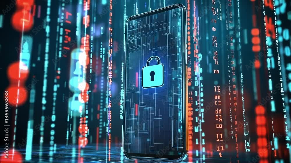 Poster futuristic smartphone with closed padlock icon displayed on screen is protecting data with binary co
