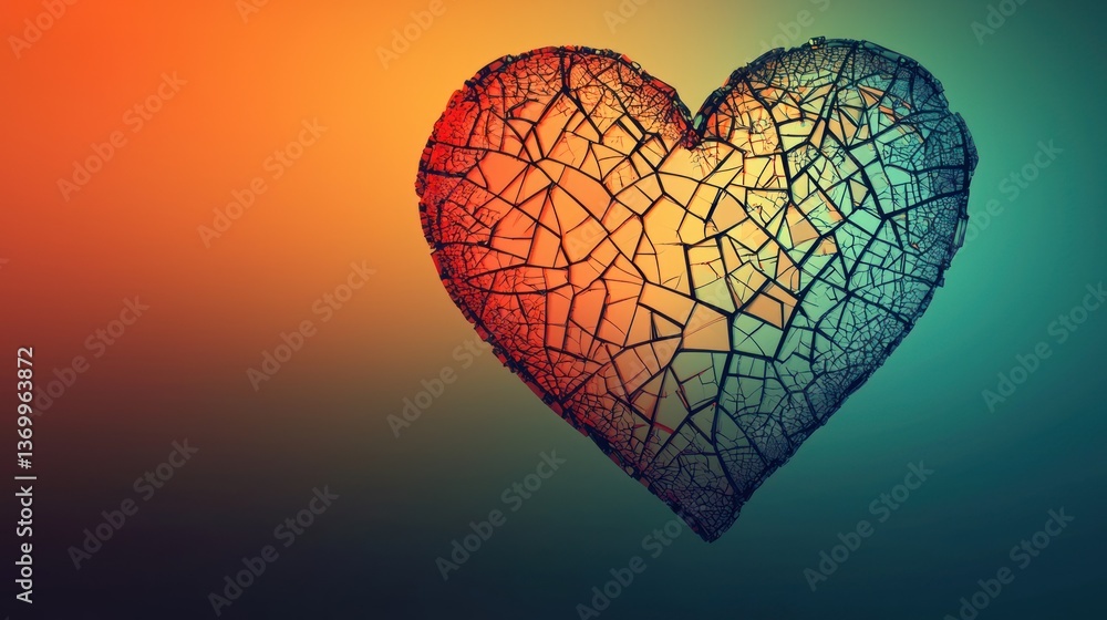 Poster broken heart doodle with a subtle gradient background, blending colors from light to dark.