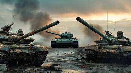 Two tanks stand on a muddy road, surrounded by smoke and debris, as dark clouds gather overhead. The atmosphere conveys the intensity of recent battles.