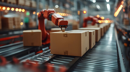 Automated Warehouse with Robotic Arms Handling Packages on a Conveyor System