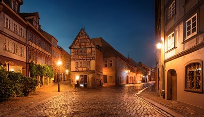 Naklejka premium ヨーロッパの街並みの夜景 温かみのある光が灯る石畳の風景