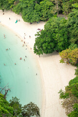Aerial view of Hong Island blue lagoon and white beach view point 360 degree from top observation deck of the hill in Krabi, Thailand is famous attractions.tourists's destination place