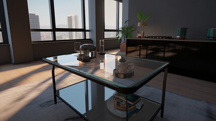 Modern Glass Coffee Table in Sunlit City Apartment with Panoramic View