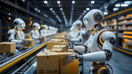 Automated Warehouse with Robotic Arms Handling Packages on a Conveyor System