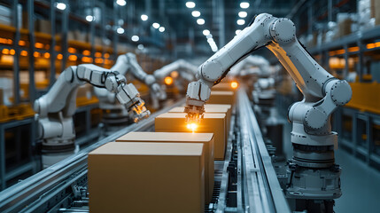 Automated Warehouse with Robotic Arms Handling Packages on a Conveyor System