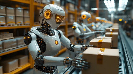 Automated Warehouse with Robotic Arms Handling Packages on a Conveyor System