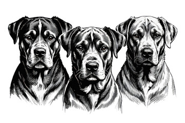Obraz premium A striking black and white illustration of three dog portraits