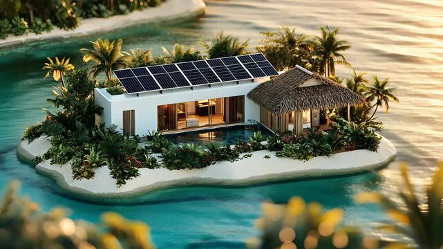 Sustainable Island House with Solar Panels, Palm Trees, and Tropical Ocean View

