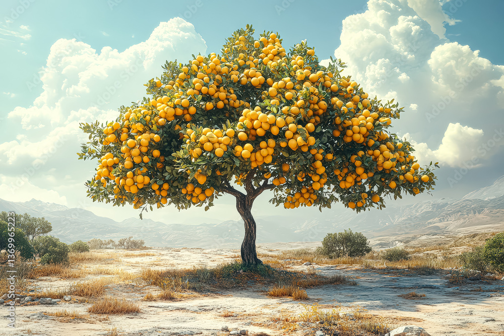 Poster tree with many oranges on it is in a field. the oranges are ripe and ready to be picked. the scene i
