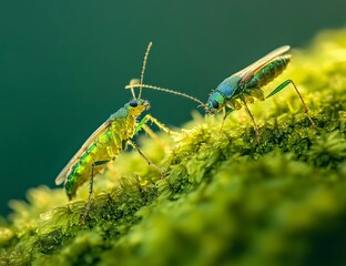 Close-up of moss and small insects on a green background, macro photography, macro lens, shallow depth of field, focus stacking, stock photo style. 