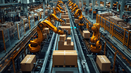 Automated Warehouse with Robotic Arms Handling Packages on a Conveyor System