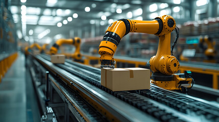 Automated Warehouse with Robotic Arms Handling Packages on a Conveyor System