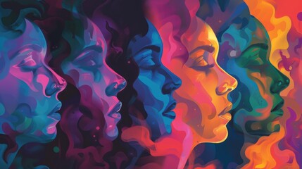 Fluid transformation background of colorful abstract faces: overlapping profiles in motion expressing human diversity