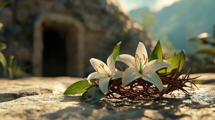 Crown of thorns transformed with white lilies on limestone in morning light © Agnieszka