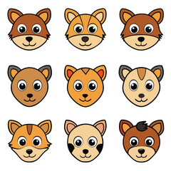 A cute cartoon vector set features the funny faces of a pig, cat, dog, and other baby farm animals