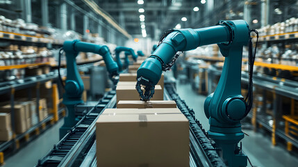 Automated Warehouse with Robotic Arms Handling Packages on a Conveyor System