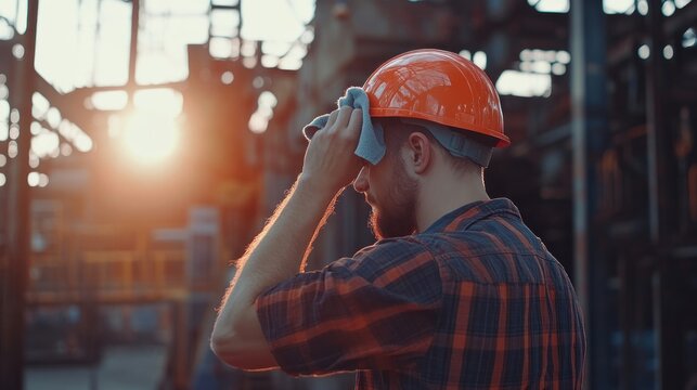 Tired worker wiping his forehead after a hard day's work on a hot construction site
