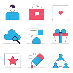 This vector icon set offers a flat design collection of business and social network symbols for web and internet communication