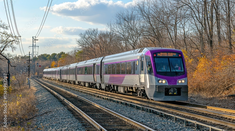Poster a commuter rail train speeding through a suburban area with passengers visible through the windows.