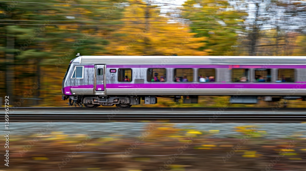 Aufkleber a commuter rail train speeding through a suburban area with passengers visible through the windows.