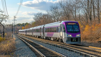 Naklejka premium A commuter rail train speeding through a suburban area with passengers visible through the windows.