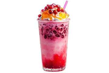 A tall glass of pink smoothie with pomegranate seeds and whipped cream Isolated on transparent background, PNG
