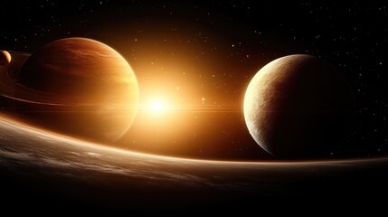 Two planets orbit a radiant star, surrounded by space