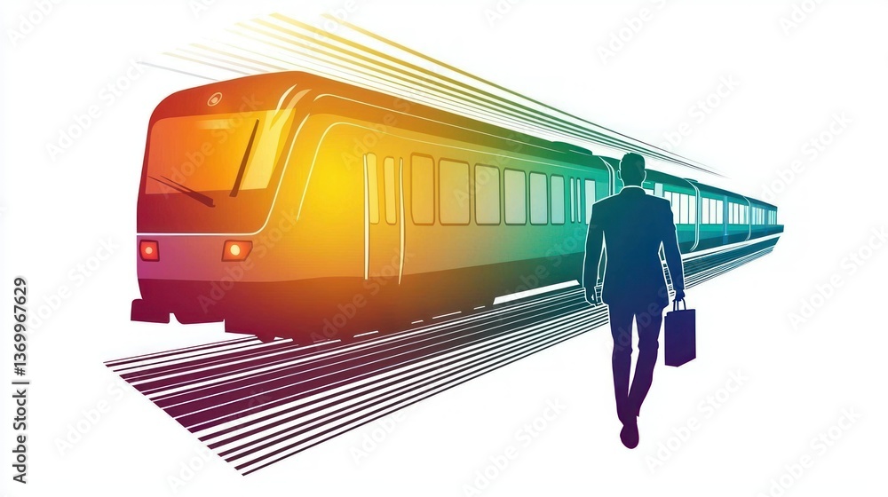 Poster a colorful vector design of a commuter icon with a person carrying a briefcase on a train.