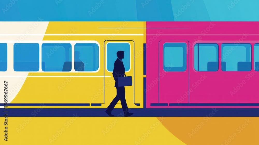 Poster a colorful vector design of a commuter icon with a person carrying a briefcase on a train.