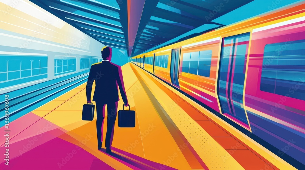 Poster a colorful vector design of a commuter icon with a person carrying a briefcase on a train.