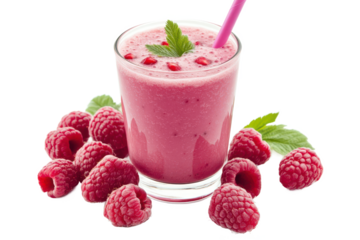 A glass of raspberry smoothie with a pink straw and fresh raspberries Isolated on transparent background, PNG
