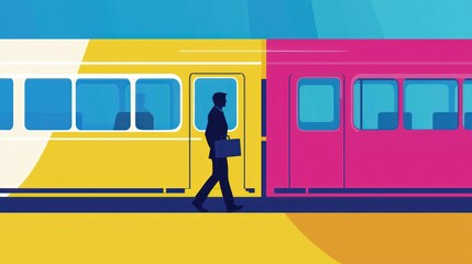 A colorful vector design of a commuter icon with a person carrying a briefcase on a train.