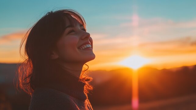 Radiant Joy: A woman's blissful smile bathed in the warm embrace of the sunrise